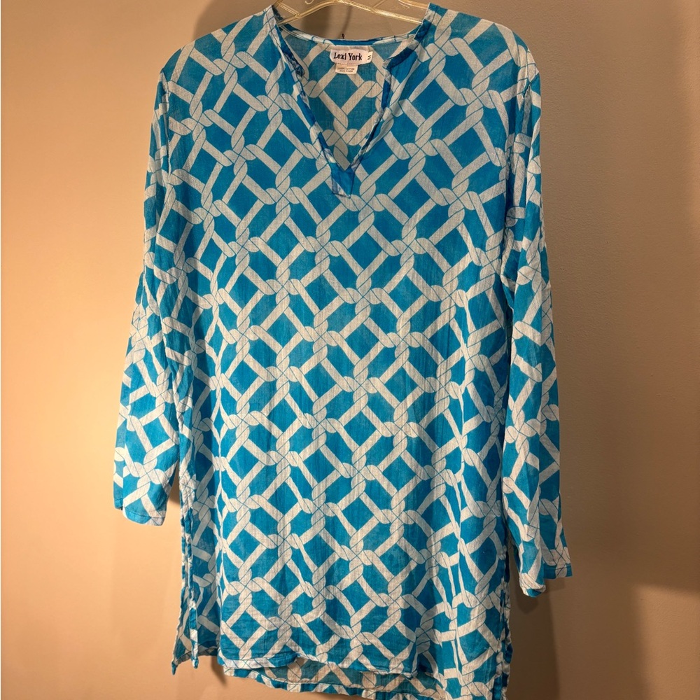 Lexi York Turquoise Blue w/ white chains print, Sheer V-neck Tunic/Coverup sz M